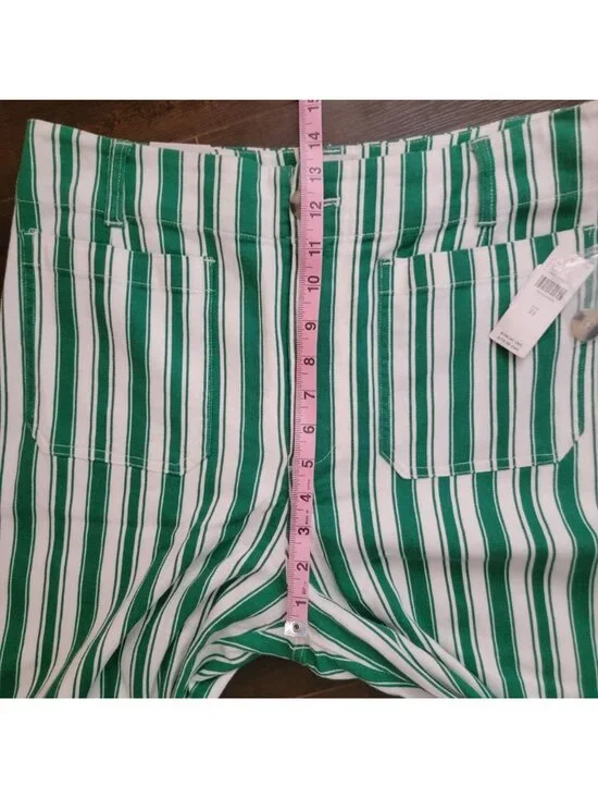 Anthropologie Colette Striped Full Length Wide Leg Pants Green Linen Womens 31 - Picture 5 of 9